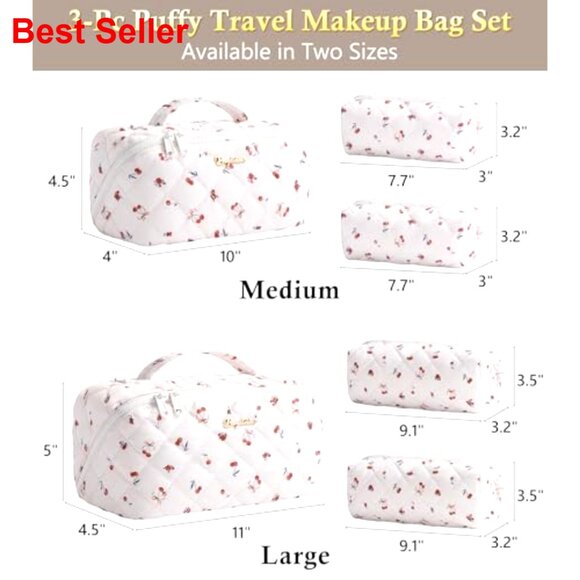 Large Capacity Travel Makeup Bag Set, 3 Pcs Quilted Water-Resistant Organizer - Picture 3 of 7